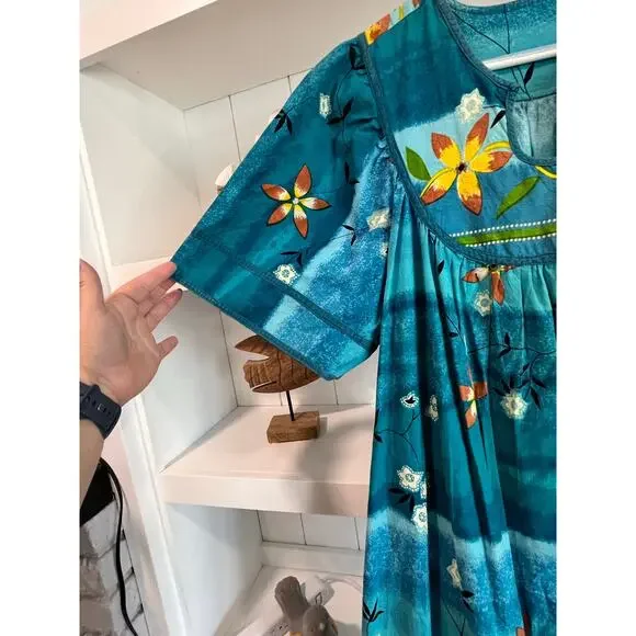 Vintage Boho Floral Caftan Dress Multicolor Cotton Short Sleeve XL w/Pockets - Picture 5 of 11